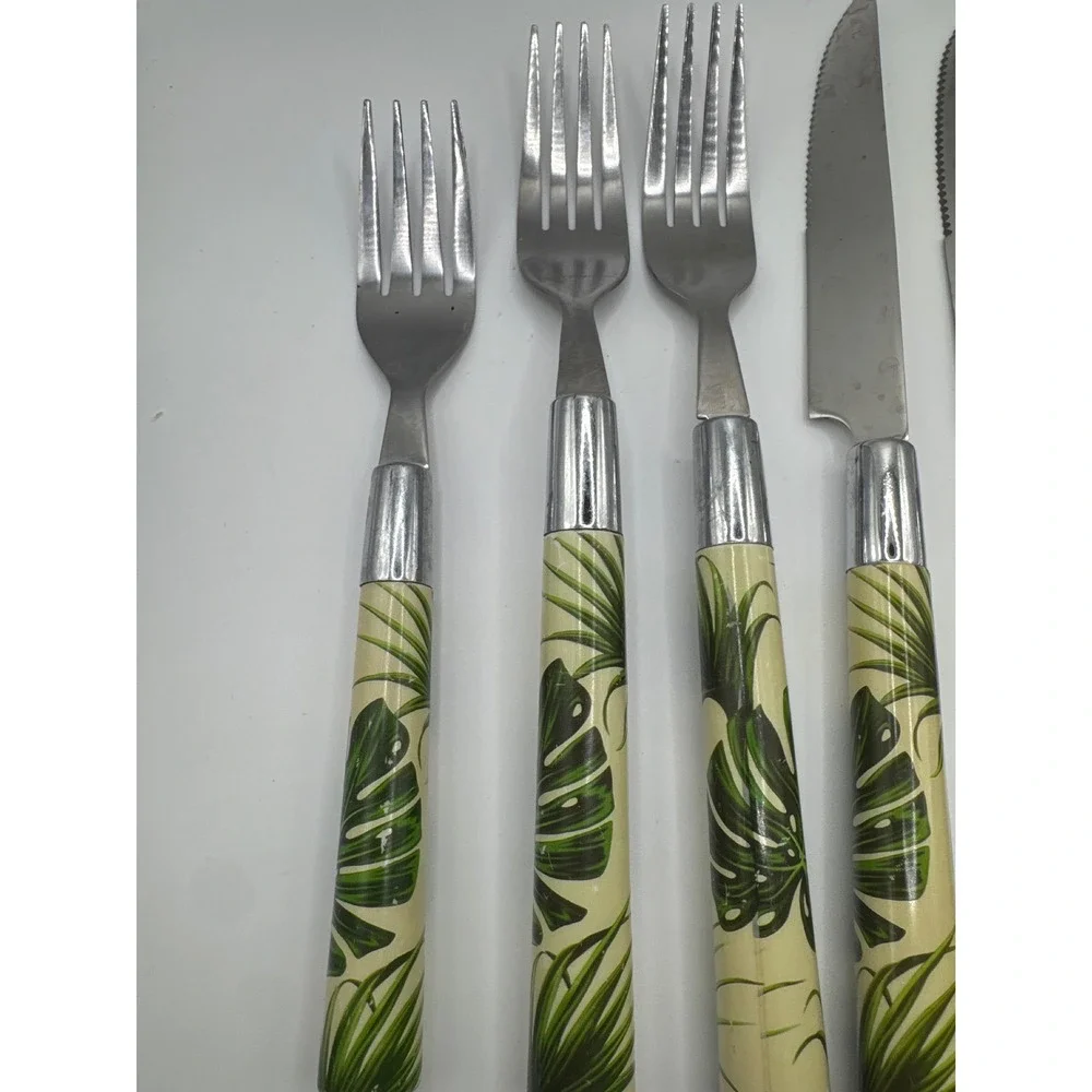 Cambridge Stainless Flatware Set 6pc Tropical Monstera Leaf Pattern Green Cream